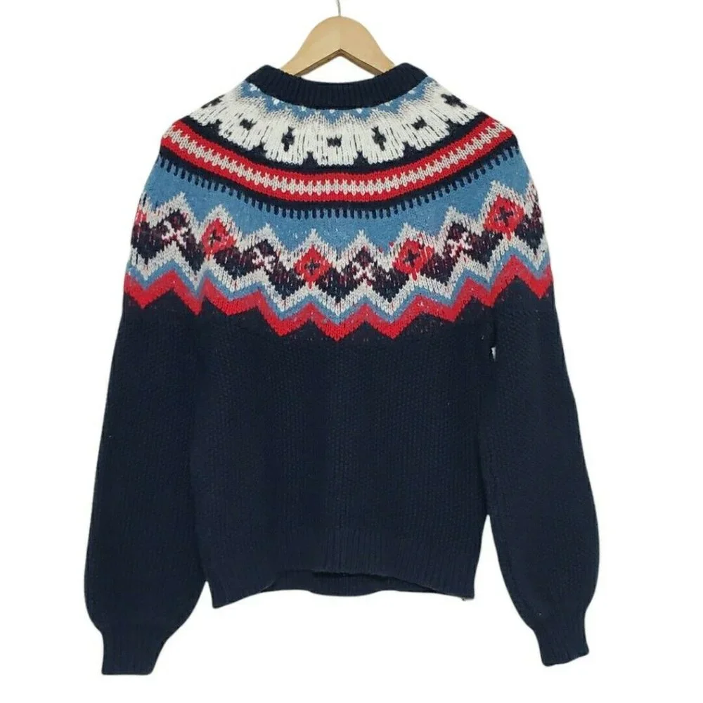 J. Crew Zigzag Fair Isle Sweater Wool Blend Navy Blue in Small